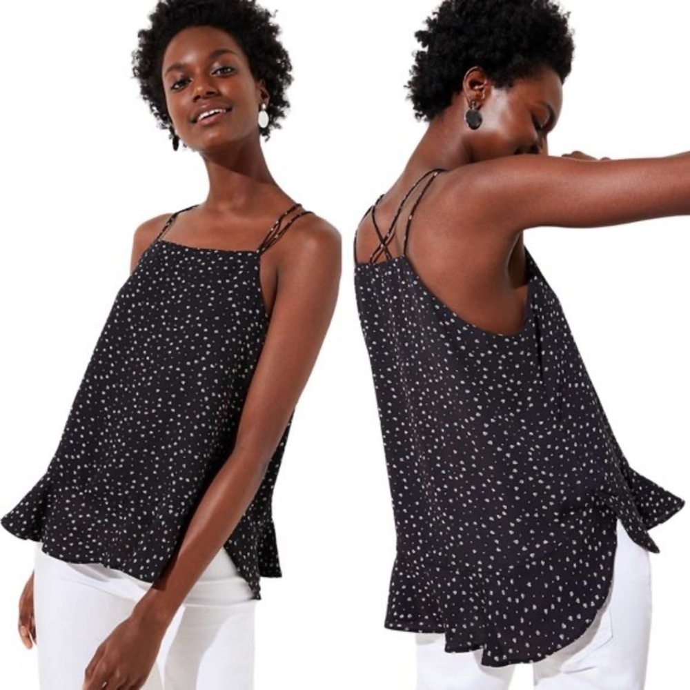 Loft Black Ditsy Floral Strappy Flounce Tank Top